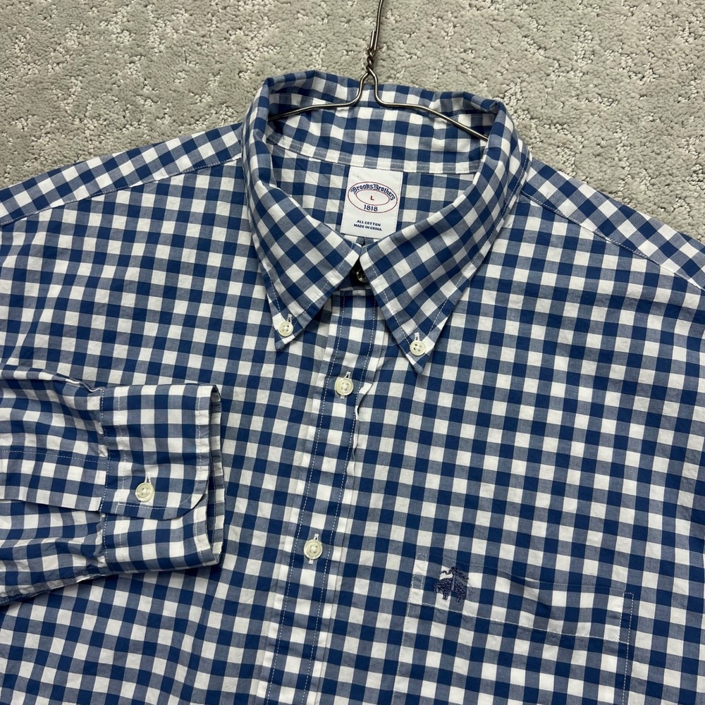 Brooks Brothers 1818 Shirt Mens Large Blue White Gingham Check Long Sleeve